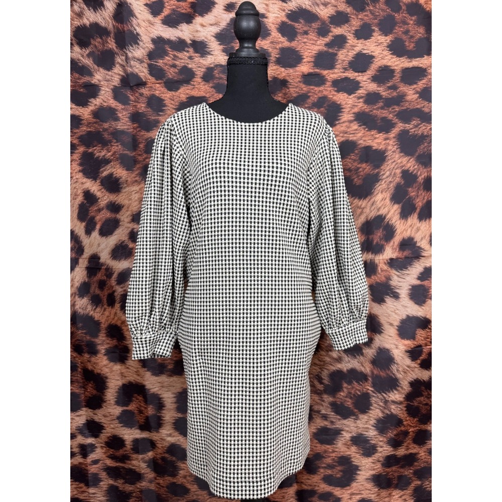 Womens Gingham Balloon Sleeve Shift Midi Dress